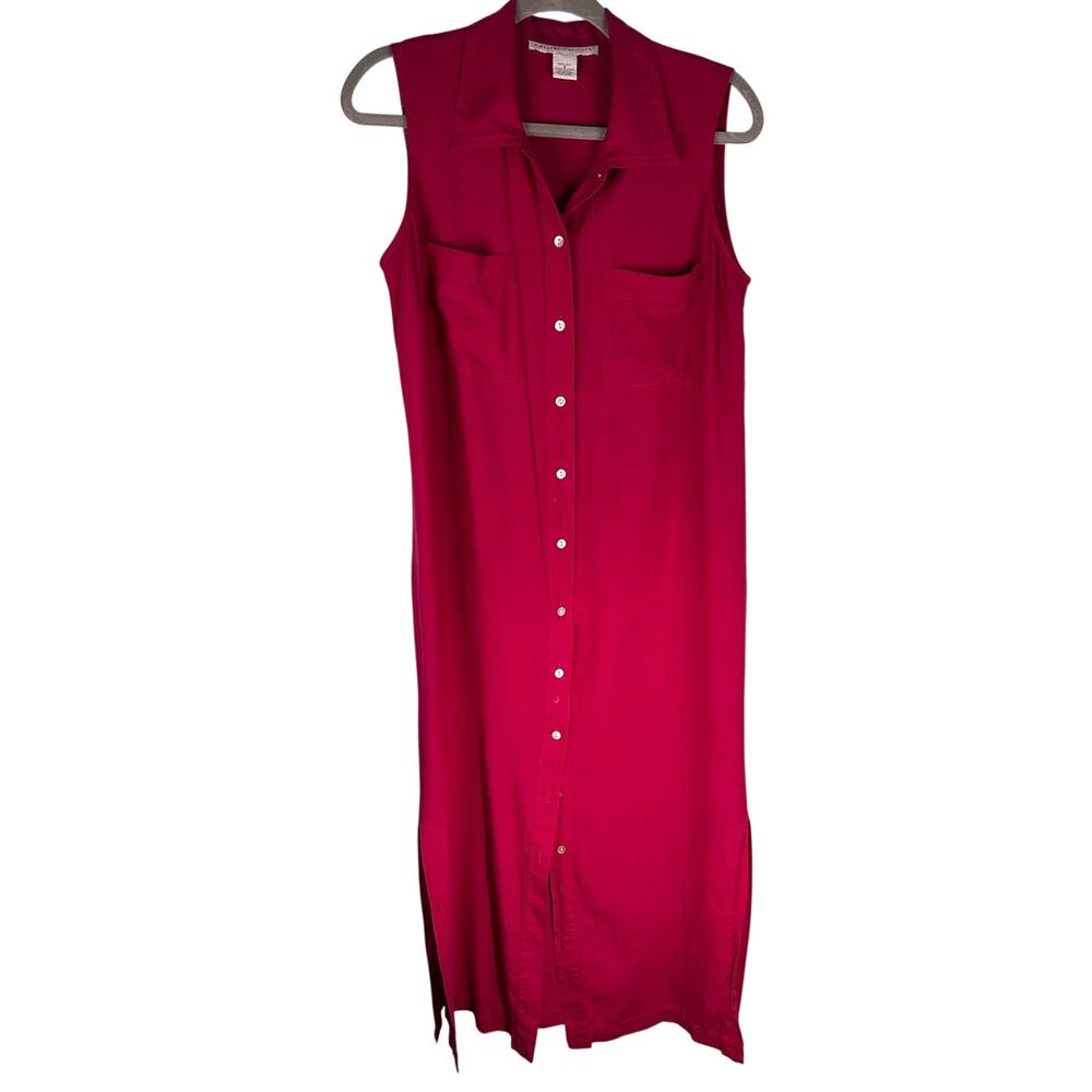 Natural Instincts cranberry Women's 100% silk Size 6 long slim button up dress